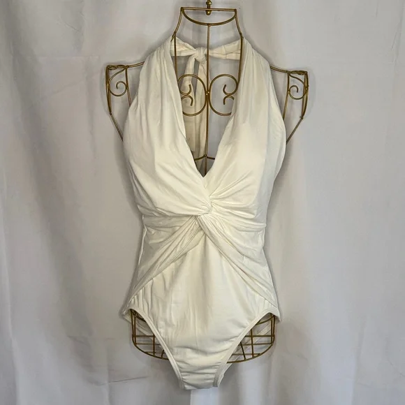 Michael Kors White Ruched V-Neck Halter One Piece Swimsuit - 6 - Picture 2 of 16